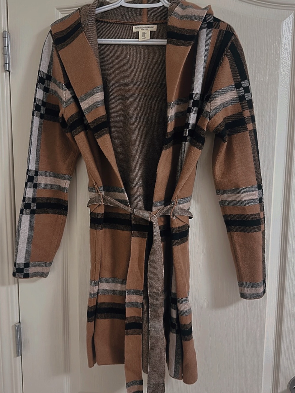 Christian Siriano Tan Plaid Hooded Belted Cardigan Coat